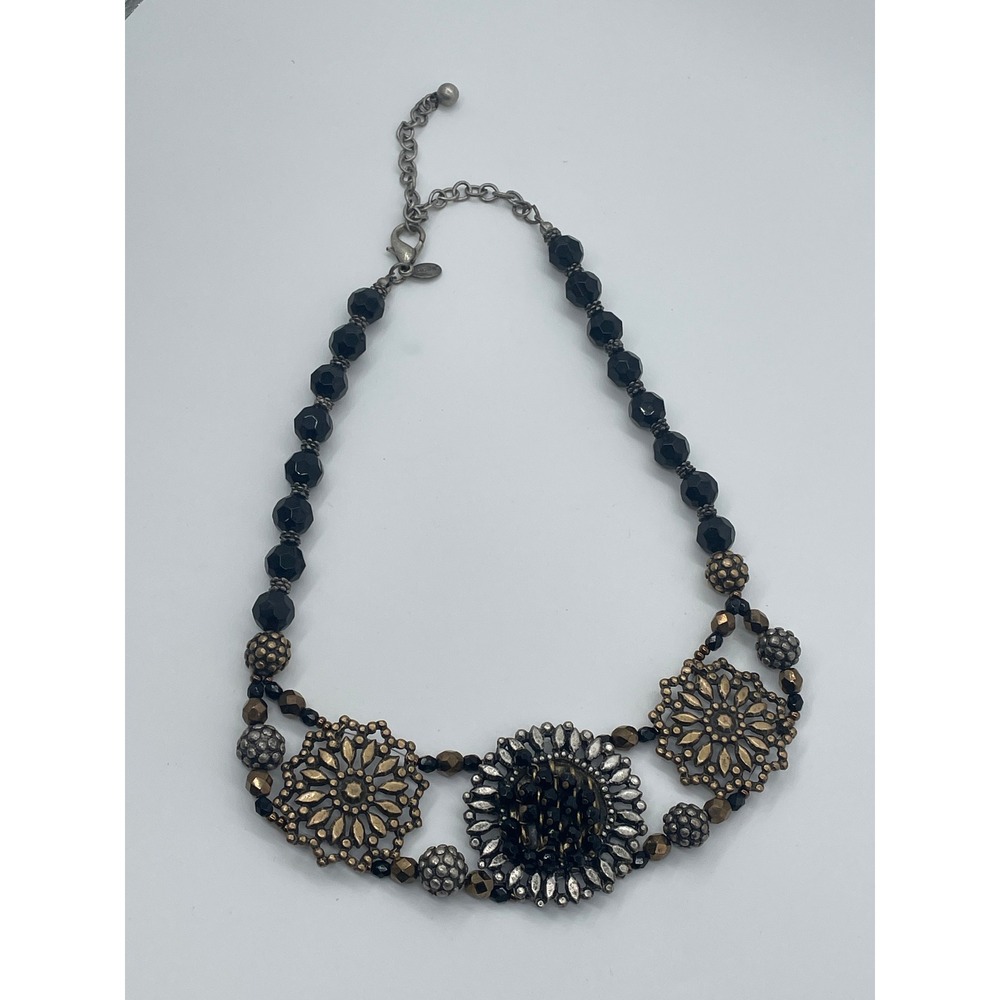 Chicos Womens Statement Necklace Black Beaded Mixed Metal Floral Medallion Boho
